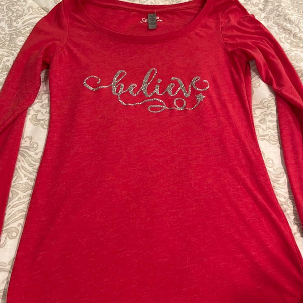 Custom Silver Glitter “Believe” Long Sleeve Holiday Scoop Neck Shirt